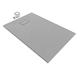 SMC Plato de ducha 120 x 70 cm, plato de ducha plano de SMC duradero con superficie antideslizante y aspecto de pizarra/piedra, incluye desagüe con tapa SMC, color gris