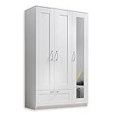 Stella Trading SALIAS Armario con puerta de espejo blanco, armario versátil de 3 puertas batientes para tu dormitorio, 117 x 190 x 50 cm (ancho/alto/profundo)