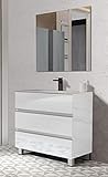 Juego de Mueble de Baño Modelo Basic, Conjunto formado por Mueble de Baño, Lavabo de Porcelana y Espejo. Compacto Preinstalado de Fábrica