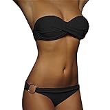 Conjunto de bikini push up para mujer, traje de baño de cintura alta, parte superior de bikini de dos piezas, conjunto de bikini a rayas, tirantes sin hombros, Negro , L