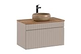 Mueble de Lavabo 80 cm Iconic Cashmere, Mueble de baño Colgante, Mueble de baño con encimera, Puertas acanaladas, Color Cachemir (con encimera Roble)