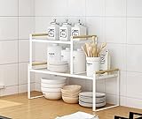 Juego de 2 estantes de cocina para especias de hierro con mango de madera, adecuado para el hogar, la cocina y el armario de cocina, estante blanco (35 x 21 x 20 cm) + (53 x 21 x 20 cm)