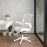 Flash Furniture Silla de escritorio ergonÃ³mica, giratoria, respaldo medio, de malla, armazÃ³n blanco y reposabrazos abatibles, color Blanco