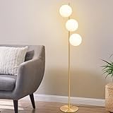ZMH Lámpara de pie para sala de estar moderna - lámpara de pie industrial E27 dorado con 3 luces y interruptor de pie con vidrio blanco, lámpara de pie vintage para dormitorio oficina casa