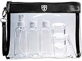 TRAVANDO Neceser Transparente, 7 envases Impermeables (MAX.100ml) - 1l de Capacidad - Bolsa de cosméticos, Equipaje de Mano - Transporte de líquidos en el avión, Botella Set de Viaje - Hombre, Mujer