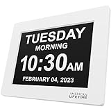American Lifetime Day Clock - Reloj Digital Grande, Sin Abreviaturas, para Ancianos y Pacientes con Demencia - 5 Opciones de Alarmas y Recordatorios de Medicamentos - 1 AÃ±o de Garantia (Blanco)