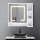 OFCASA Armario de baño con espejo de 1 puerta con luces LED montado en la pared con estantes ajustables, armario de fácil alcance para baño, ducha, 75 x 70 x 15 cm