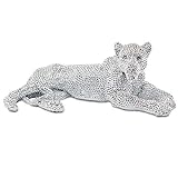 Figura Decorativa de Resina Leopardo Plateado Brillante . Adornos y Esculturas. Animales. Decoración Hogar. Regalos Originales. 32 x 16 x 11,50 cm.