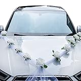 AolKee Decoraciones de flores de boda, kit de decoración de coche de boda, flores artificiales blancas y cinta blanca de boda para coche, decoración de coche de boda