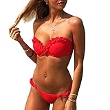 Traje de BaÃ±o Mujer 2019 SHOBDW Color SÃ³lido Sexy Conjunto de Bikini Push Up Traje de BaÃ±o Mujer Dos Piezas Acolchado Bra Monokini BaÃ±adores de Mujer Sin Tirantes Tanga Mujer(Rojo,M)