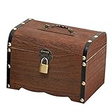Tongdejing Hucha de madera vintage, caja del tesoro hecha a mano, caja de almacenamiento con cerradura y llaves, decoración del hogar para niños y niños