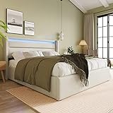 Moimhear Cama de almacenamiento hidráulico con tira de iluminación LED, marco de cama doble, cama tapizada funcional (blanco, 160 x 200 cm)
