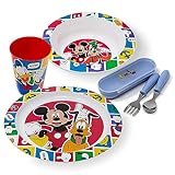 damaloo Juego de vajilla con cubiertos de Mickey Mouse, juego de 5 piezas para niÃ±os de plato, cuenco, vaso y cubiertos para niÃ±os, juego de desayuno, vajilla reutilizable y libre de BPA, D-113