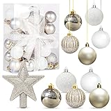Decoracion de Bolas Arbol de Navidad Blanco Oro 3CM, 30 pcs, Mini Adornos, Esferas de Plastico, Regalos Colgantes