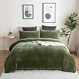 Sedefen Flanelle - Funda nórdica de 220 x 240 cm y 2 fundas de almohada de 65 x 65 cm, color verde oliva, juego de ropa cama con cremallera para 2 personas, peluche de invierno cálido,