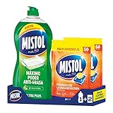 Mistol Pack Combo Ahorro - Mistol Ultraplus 950 ml + 100 Pastillas Lavavajillas. Limpia, desengrasa, desincrusta y abrillanta, dejando tu vajilla como nueva.