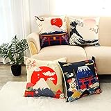 LIGICKY Fundas de almohada decorativas de lino de algodÃ³n de estilo japonÃ©s fundas de almohada cuadradas con estampado de montaÃ±a Fuji para sofÃ¡ cama decoraciÃ³n del hogar (18 x 18 pulgadas juego de 4)