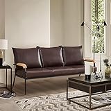 TUKAILAi Sofá de 3 plazas de piel sintética suave con reposabrazos de madera maciza y marco de metal, sofás para sala de estar, recepción, muebles de oficina, color marrón oscuro