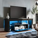 SONNI Mueble TV con Luz LED Ajustable de 12 Colores SÃ¡lon Negro con Mando a Distancia, Mesa TV Madera con Estantes Cristal 140 CM
