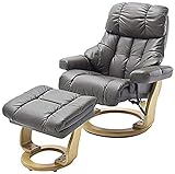 Robas Lund Sillón de Relax Calgary con Taburete, soporta hasta 130 kg, sillón Giratorio con función reclinable, Piel auténtica, Color Barro, Estructura de Madera Natural