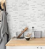 GAULAN 421638 - Papel pintado vinílico lavable de tazas de café desayuno, gris blanco con relieve para pared cocina mueble oficina despacho bares - Rollo de 10 m x 0,53 m