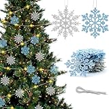 Feelhap 24 Piezas Adornos de Copos de Nieve Navidad Decoracion,Adornos de Navidad Copo de Nieve con Purpurina de Plástico Colgante,Ornamentos de Navidad para Árbol de Navidad (Plateado y Azul)