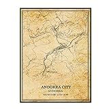 TANOKCRS Andorra Ciudad Andorra Cartel Vintage Mapa Arte de la pared Arte de la ciudad Hoja de ruta Imprimir Viajes Recuerdos Regalo DecoraciÃ³n del hogar Sin marco