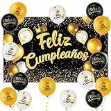 Pancarta Grande Feliz Cumpleaños Español + 15pcs Globos para Decoración Fiesta Cumpleaños Cartel Oro Negro