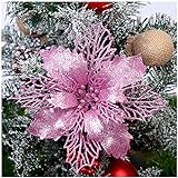 GL-Turelifes - Paquete de 12 flores de Pascua artificiales con purpurina para Ã¡rbol de Navidad, corona de Navidad, adornos, flores de 16 cm de diÃ¡metro, 12 cuerdas suaves de color verde