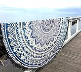 Aakriti Toalla de playa redonda con degradado estilo mandala indio, tapiz hippy, boho, mantel para picnic, esterilla de yoga, chal, 182 cm, algodón, azul, 180 cm