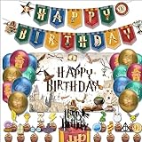 Wizard Cumpleaños Decoracion 36 Piezas, Globos Harry Potter Banner Cumpleaños Adornos para Tartas y Cupcakes, Telones de Fondo Suministros de Fiesta Mágica Decoración