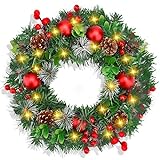 MULEVIP Coronas de Navidad 30 cm Corona de Navidad para Puerta LED,Corona de Navidad con piñas de Abeto,Guirnalda de Acción de Gracias Decoraciones Adorno de Guirnalda de Navidad Decoración del Hogar